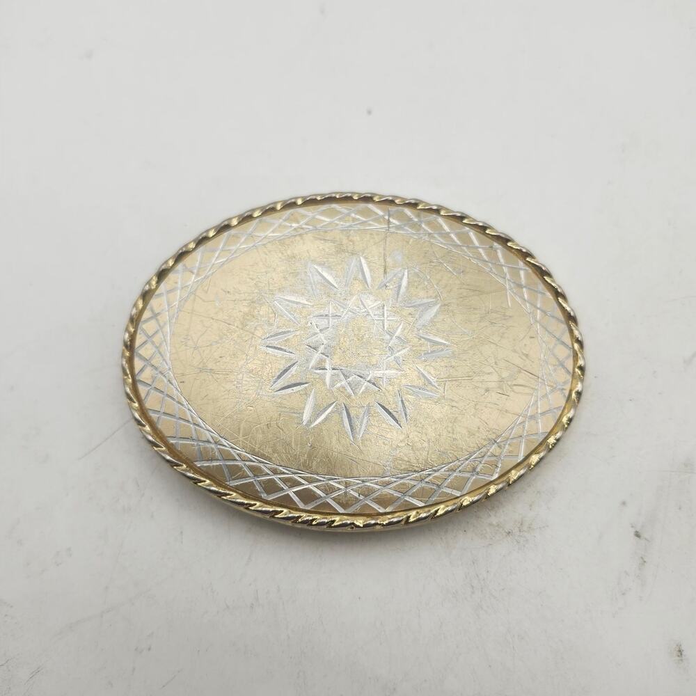Vintage 1980s Oval Two Tone Starburst Etched Western Cowboy Rodeo Belt Buckle W